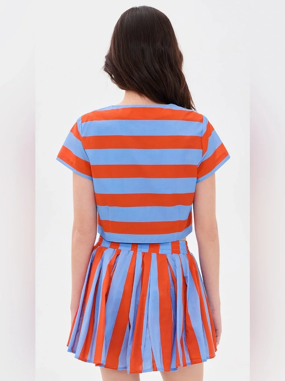 Line & Dot Striped Blue and Red Crop  Top (XS) Skirt (S) Set size S  Preloved